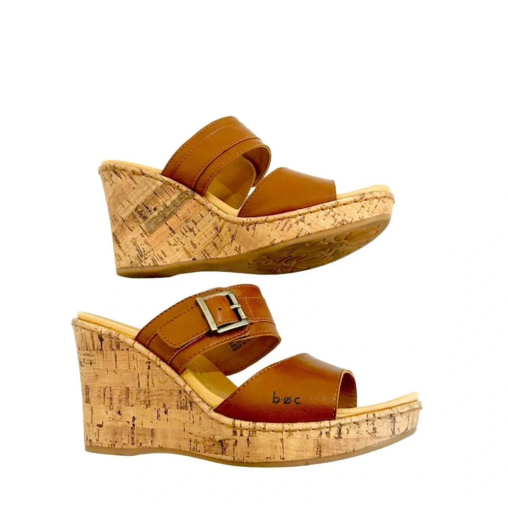 BOC Born Concepts Brown Pounce Double Strap Cork Wedge Heels, Size 8M